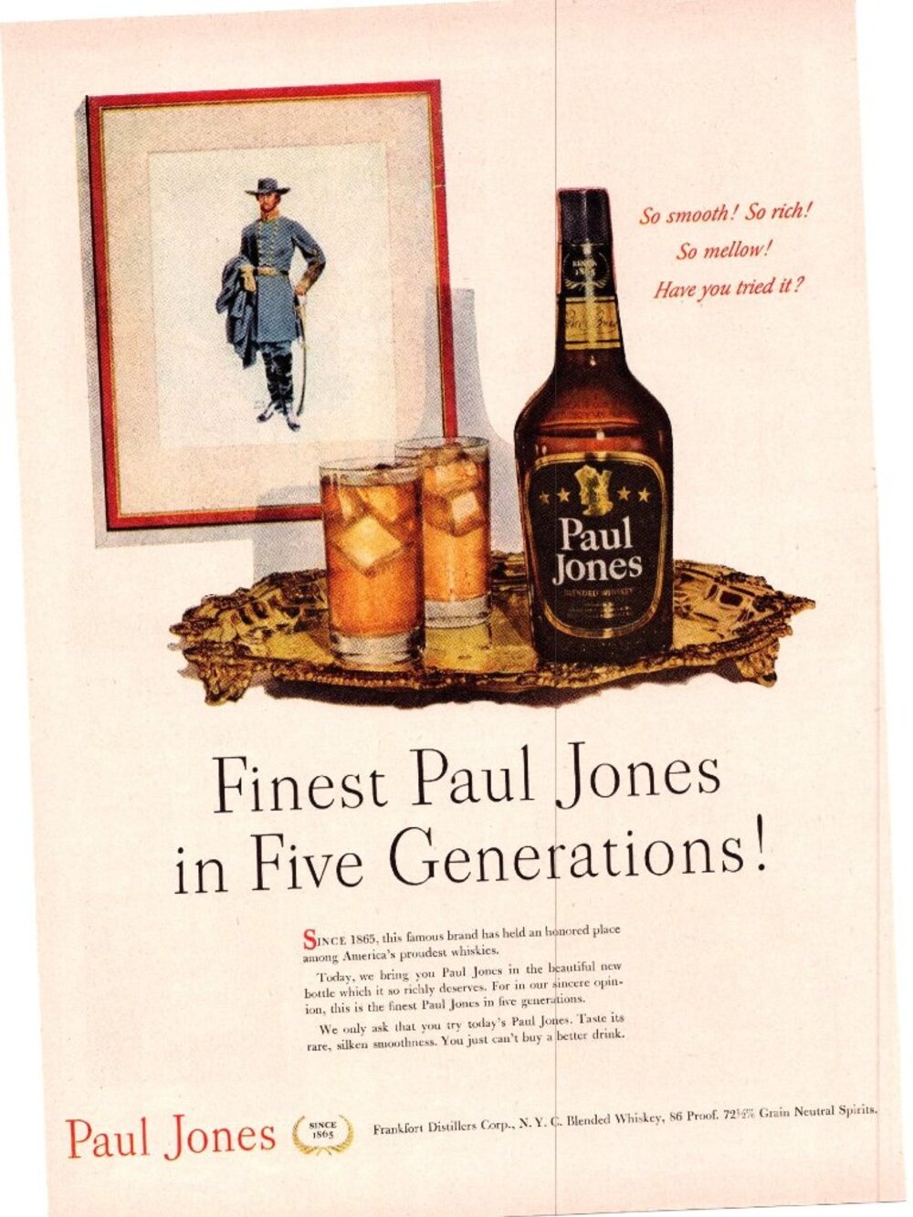 1951 Paul Jones PJ Whiskey Vintage Print Ad Civil War Soldier Uniform Wall Art
